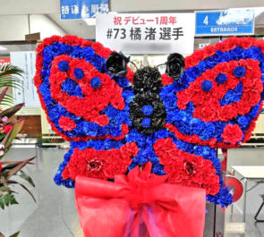 橘渚選手のデビュー1周年祝い蝶々モチーフフラスタ @後楽園ホール