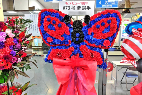 橘渚選手のデビュー1周年祝い蝶々モチーフフラスタ @後楽園ホール